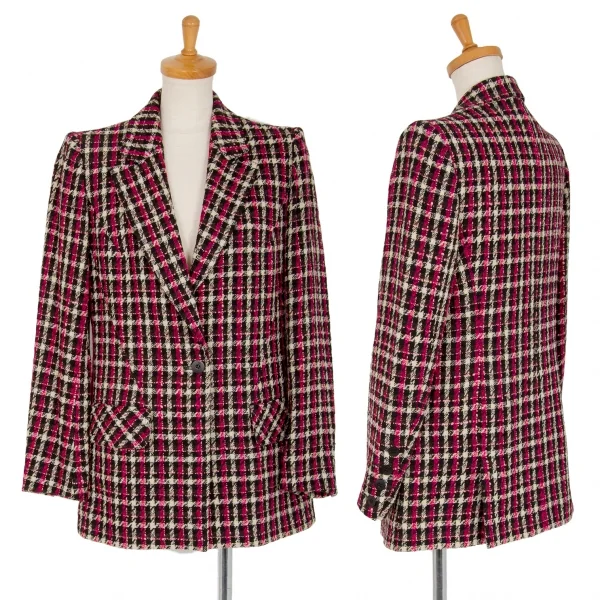 ソニアリキエルSONIA RYKIEL ウールナイロンツイードチェック1Bセットアップスーツ 黒オフピンク40・38 K-103439_002