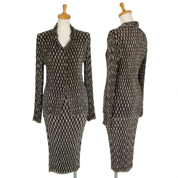 イッセイミヤケISSEY MIYAKE プリーツ切りっぱなしチェックスカート 茶オフL K-103454_010
