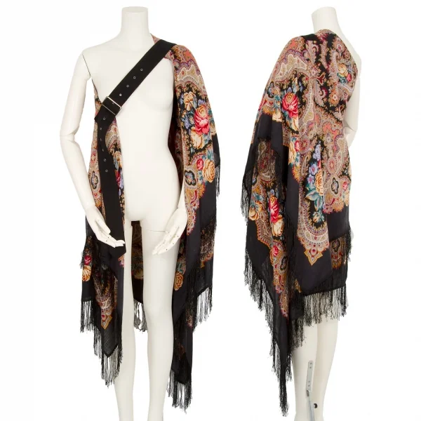 タケシコウサカバイ ワイズ ピンクレーベルTAKESHI KOSAKA by Y's Pink Label フラワープリントフリンジスカーフショール 黒マルチ2 K-103524_001