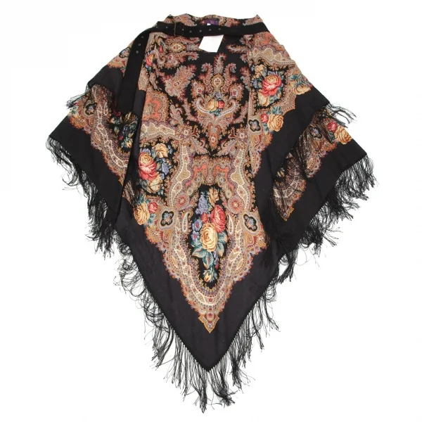タケシコウサカバイ ワイズ ピンクレーベルTAKESHI KOSAKA by Y's Pink Label フラワープリントフリンジスカーフショール 黒マルチ2 K-103524_002