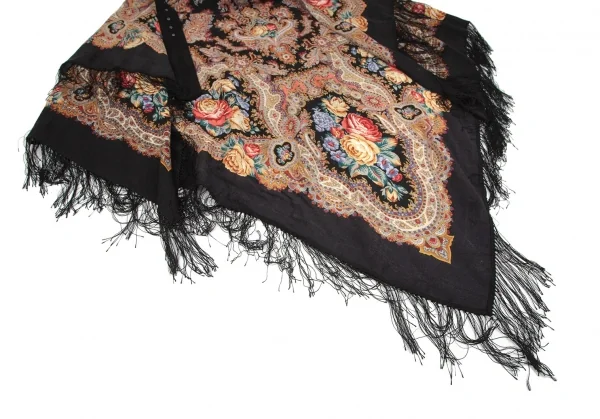 タケシコウサカバイ ワイズ ピンクレーベルTAKESHI KOSAKA by Y's Pink Label フラワープリントフリンジスカーフショール 黒マルチ2 K-103524_005