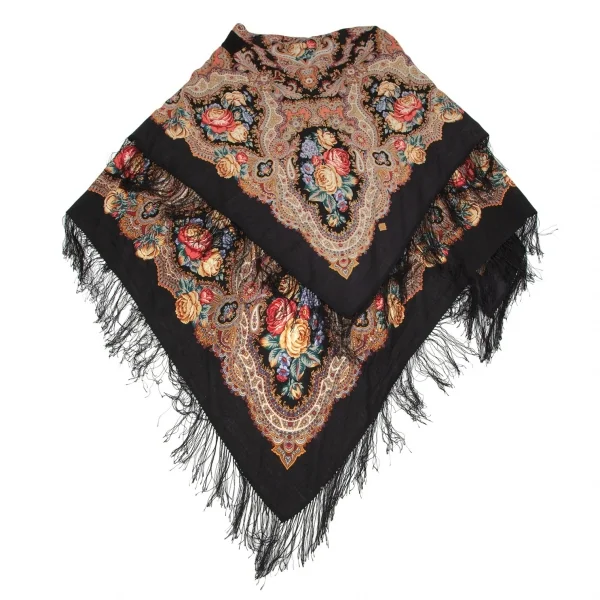 タケシコウサカバイ ワイズ ピンクレーベルTAKESHI KOSAKA by Y's Pink Label フラワープリントフリンジスカーフショール 黒マルチ2 K-103524_008