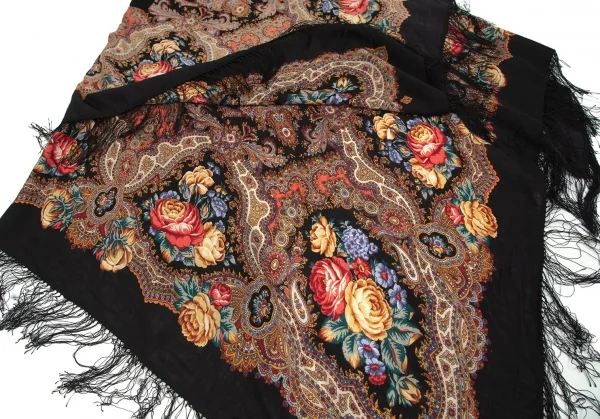 タケシコウサカバイ ワイズ ピンクレーベルTAKESHI KOSAKA by Y's Pink Label フラワープリントフリンジスカーフショール 黒マルチ2 K-103524_009