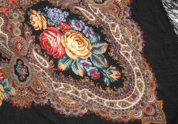 タケシコウサカバイ ワイズ ピンクレーベルTAKESHI KOSAKA by Y's Pink Label フラワープリントフリンジスカーフショール 黒マルチ2 K-103524_010