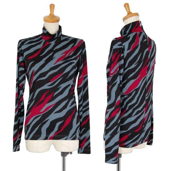 タケシコウサカバイ ワイズ ピンクレーベルTAKESHI KOSAKA by Y's Pink Label ポリストレッチゼブラハイネックトップス 水色黒2 K-103600_001