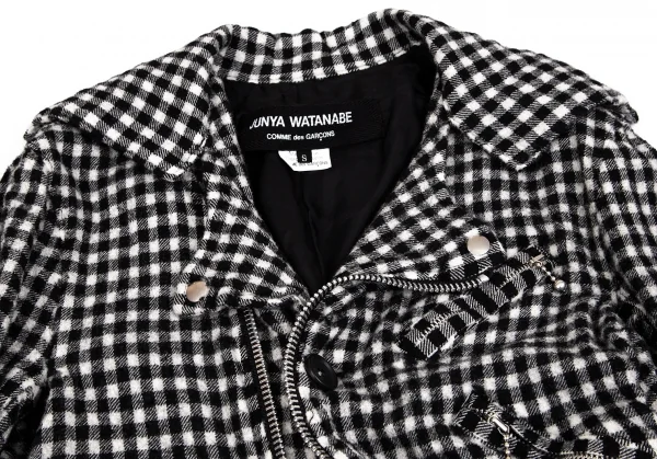 ジュンヤワタナベ コムデギャルソンJUNYA WATANABE COMME des GARCONS ウール縮絨ブロックチェックライダースジャケット 白黒S K-103631_003