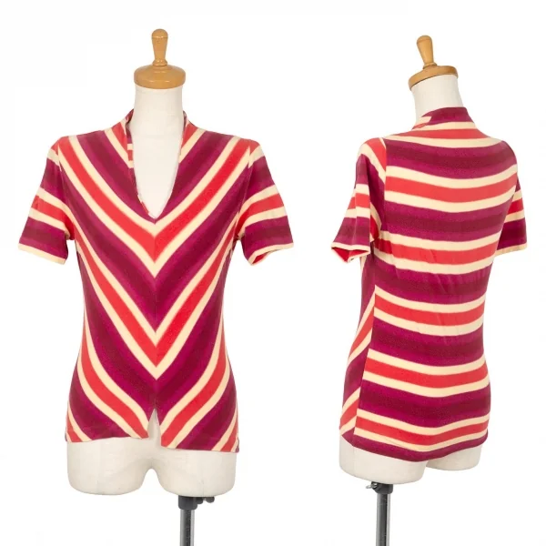 ジジリgigli Vネック前スリットストライプストレッチ半袖カットソー 紫クリーム赤38 K-103645_001