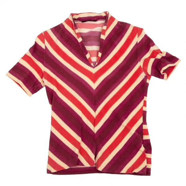 ジジリgigli Vネック前スリットストライプストレッチ半袖カットソー 紫クリーム赤38 K-103645_002