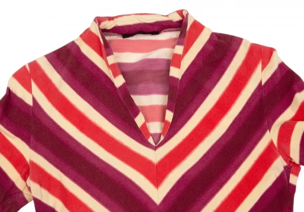 ジジリgigli Vネック前スリットストライプストレッチ半袖カットソー 紫クリーム赤38 K-103645_003