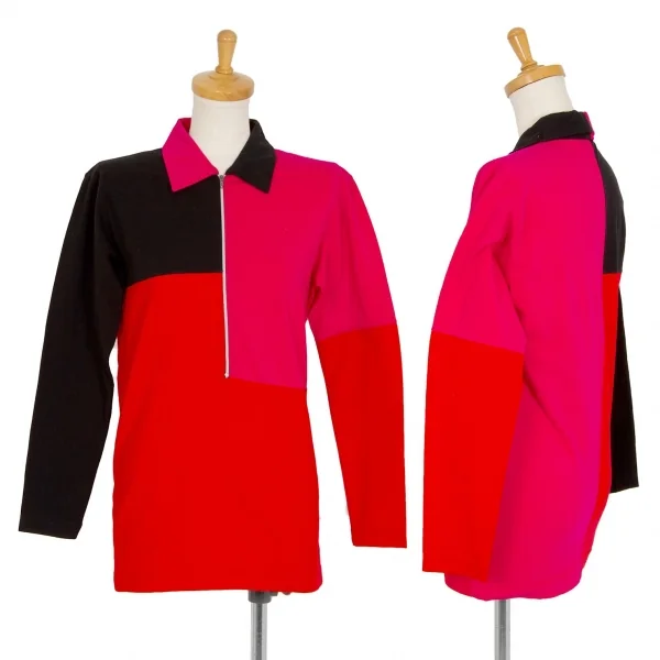 イッセイミヤケISSEY MIYAKE パッチワークハーフジップストレッチポロシャツ 黒赤ピンクM位 K-103686_001