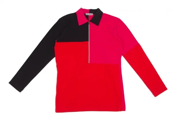 イッセイミヤケISSEY MIYAKE パッチワークハーフジップストレッチポロシャツ 黒赤ピンクM位 K-103686_002