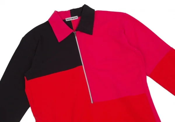 イッセイミヤケISSEY MIYAKE パッチワークハーフジップストレッチポロシャツ 黒赤ピンクM位 K-103686_003