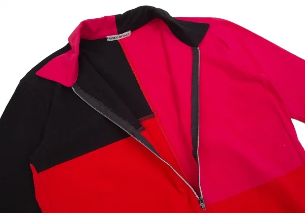 イッセイミヤケISSEY MIYAKE パッチワークハーフジップストレッチポロシャツ 黒赤ピンクM位 K-103686_005