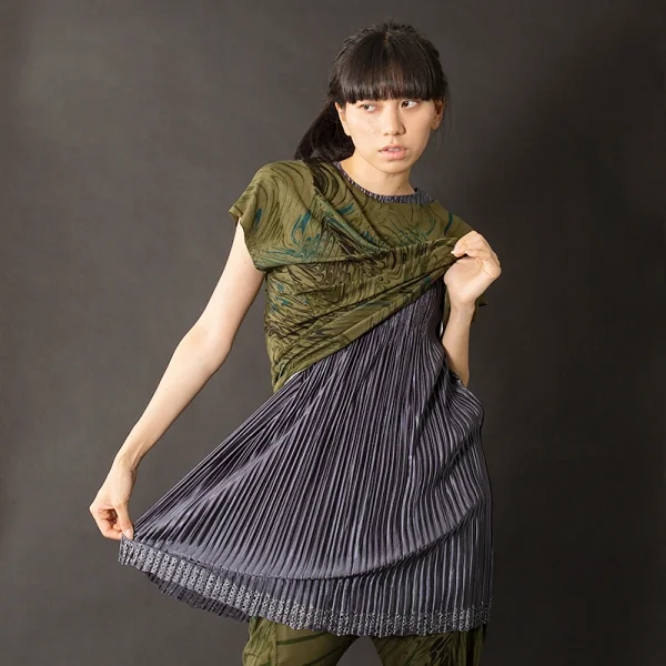 プリーツプリーズPLEATS PLEASE ウエスト切替シャイニーワンピース ネイビーM位 K-103846_011