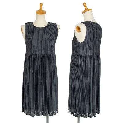 プリーツプリーズPLEATS PLEASE ウエスト切替シャイニーワンピース ネイビー