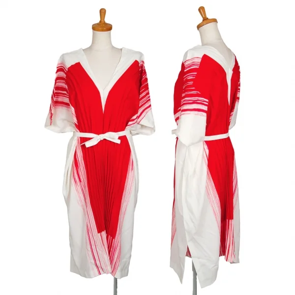 イッセイミヤケISSEY MIYAKE 132 5. ペイントプリーツVネックワンピース 白赤M位 K-103883_001