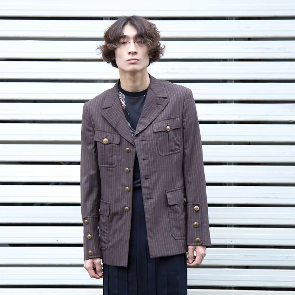コムデギャルソン オムプリュスCOMME des GARCONS HOMME PLUS バックレオパード切替ストライプオフィサージャケット 茶M K-103909_017