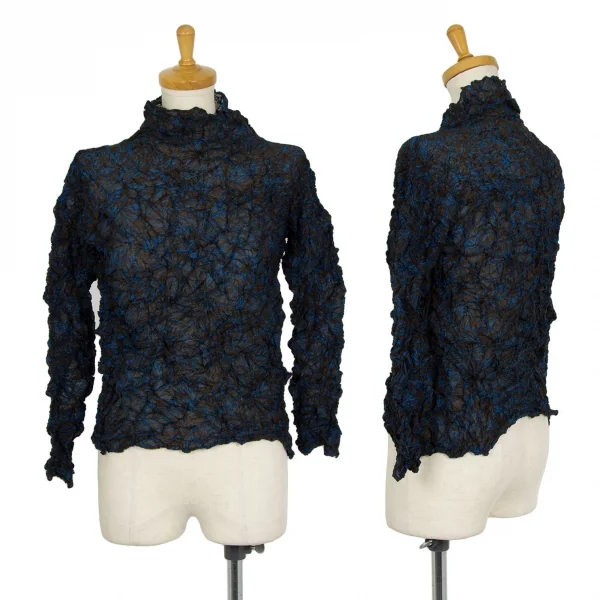 イッセイミヤケペルマネンテISSEY MIYAKE PERMANENTEシワ加工総柄シースルーカハイネックカットソー 黒青2 K-103942_001