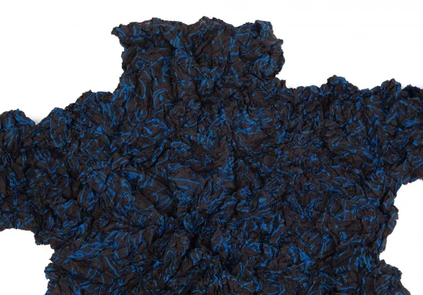 イッセイミヤケペルマネンテISSEY MIYAKE PERMANENTEシワ加工総柄シースルーカハイネックカットソー 黒青2 K-103942_003