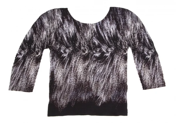 イッセイミヤケ ミーISSEY MIYAKE me ファー柄プリントボックスプリーツ5分袖カットソー 黒グレーFree K-103955_002