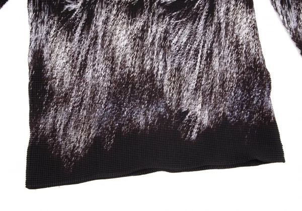イッセイミヤケ ミーISSEY MIYAKE me ファー柄プリントボックスプリーツ5分袖カットソー 黒グレーFree K-103955_007