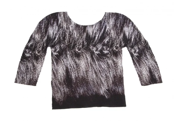 イッセイミヤケ ミーISSEY MIYAKE me ファー柄プリントボックスプリーツ5分袖カットソー 黒グレーFree K-103955_009