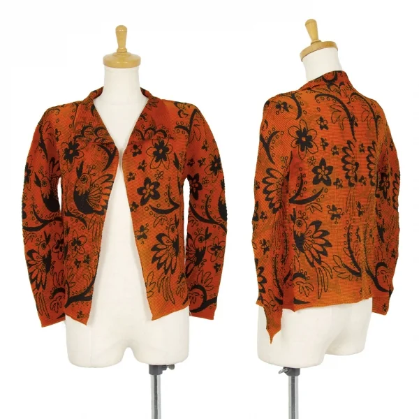 イッセイミヤケ ミーISSEY MIYAKE me バードフラワープリントボタンレスカーディガン オレンジ黒Free K-103958_001