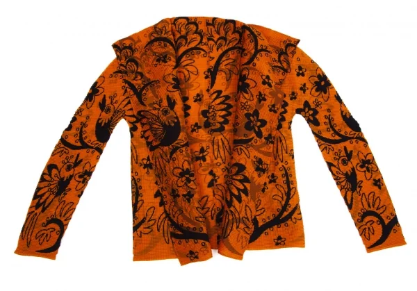 イッセイミヤケ ミーISSEY MIYAKE me バードフラワープリントボタンレスカーディガン オレンジ黒Free K-103958_002