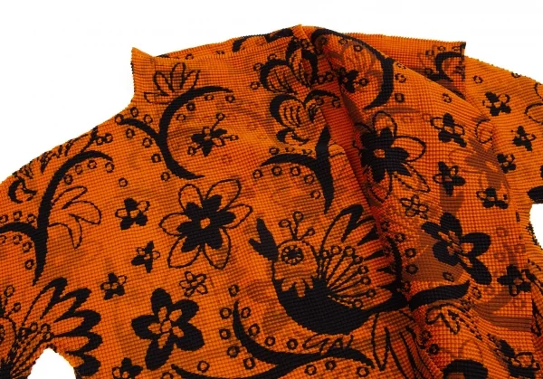 イッセイミヤケ ミーISSEY MIYAKE me バードフラワープリントボタンレスカーディガン オレンジ黒Free K-103958_004