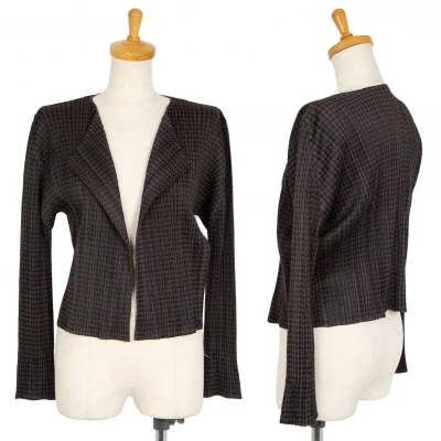 プリーツプリーズPLEATS PLEASE ポリレーヨンハウンドトゥースボタンレスカーディガン 茶黒