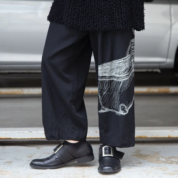 ヨウジヤマモト プールオムYohji Yamamoto POUR HOMME 朝倉優佳ウールギャバスカルドローイングプリントワイドパンツ 黒3 K-104140_015