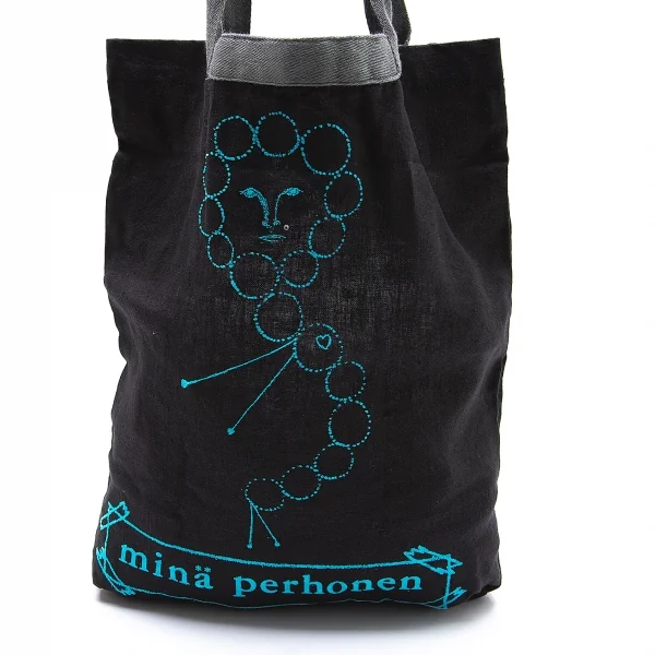 ミナペルホネンmina perhonen リネンビジュー装飾ドットロゴフロッキープリントトートバッグ 黒 K-104169_002