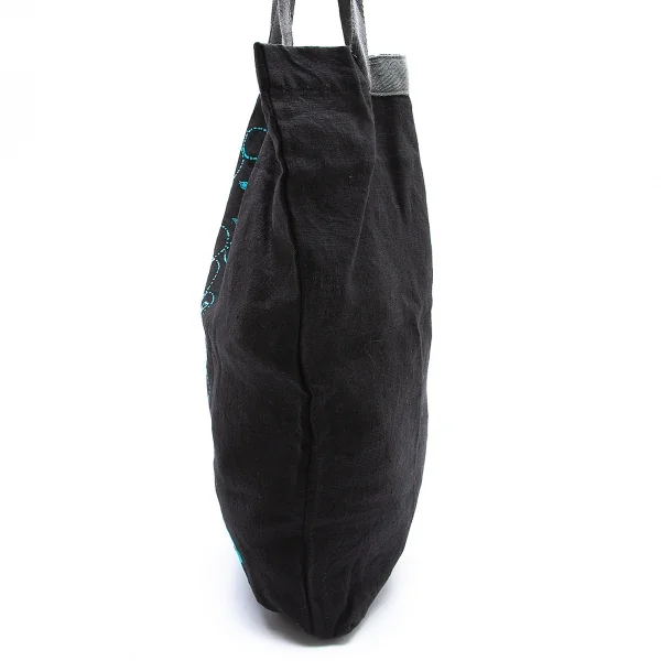 ミナペルホネンmina perhonen リネンビジュー装飾ドットロゴフロッキープリントトートバッグ 黒 K-104169_007