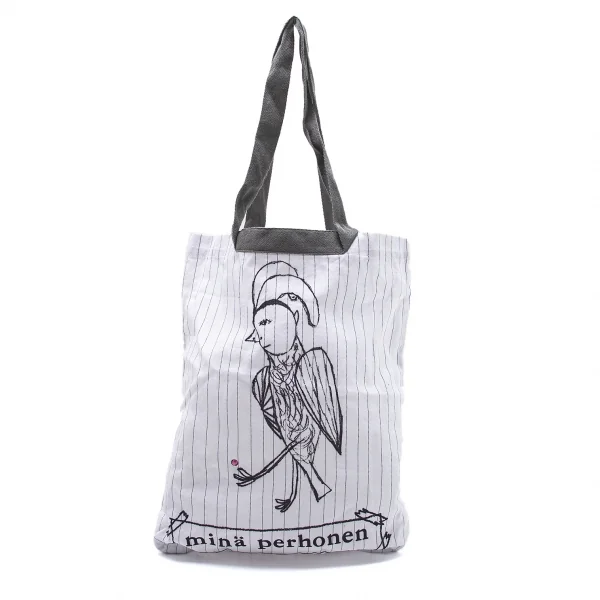 ミナペルホネンmina perhonen ビジュー装飾バードロゴフロッキープリントストライプトートバッグ 白 K-104171_001