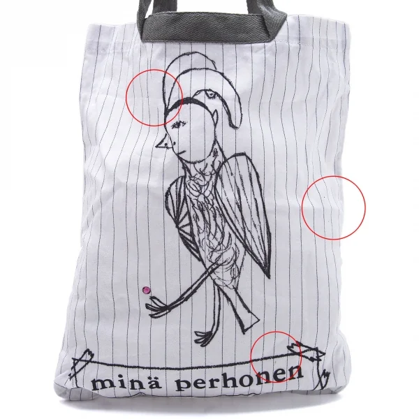 ミナペルホネンmina perhonen ビジュー装飾バードロゴフロッキープリントストライプトートバッグ 白 K-104171_002