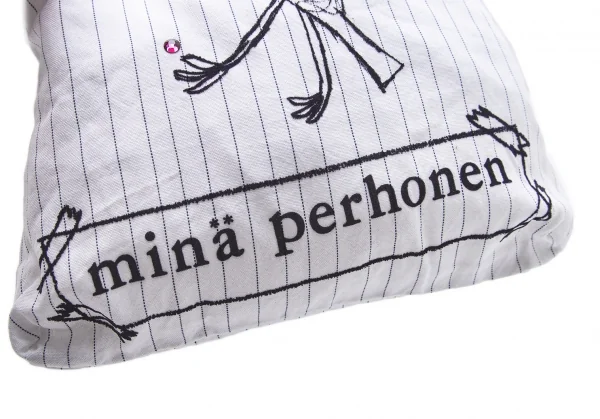 ミナペルホネンmina perhonen ビジュー装飾バードロゴフロッキープリントストライプトートバッグ 白 K-104171_008