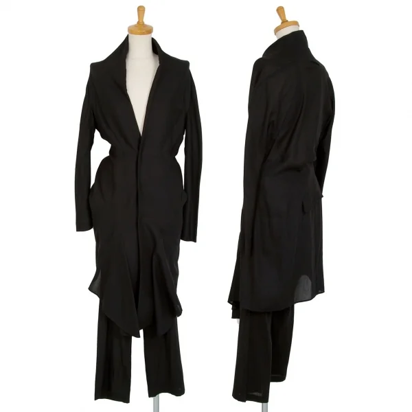ヨウジヤマモト ファムYohji Yamamoto FEMME シアーコットン切替デザインノーカラーロングジャケット 黒2 K-104239_018