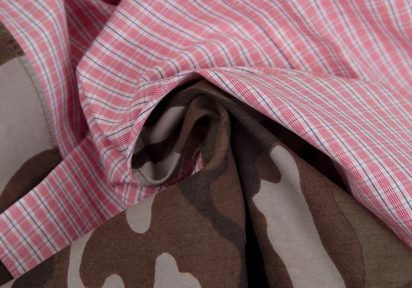 コムデギャルソン オムCOMME des GARCONS HOMME コットンチェック異素材迷彩切替シャツ 赤 ピンク緑白他L K-104285_014