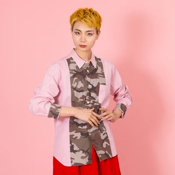 コムデギャルソン オムCOMME des GARCONS HOMME コットンチェック異素材迷彩切替シャツ 赤 ピンク緑白他L K-104285_015