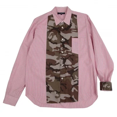 コムデギャルソン オムCOMME des GARCONS HOMME コットンチェック異素材迷彩切替シャツ 赤