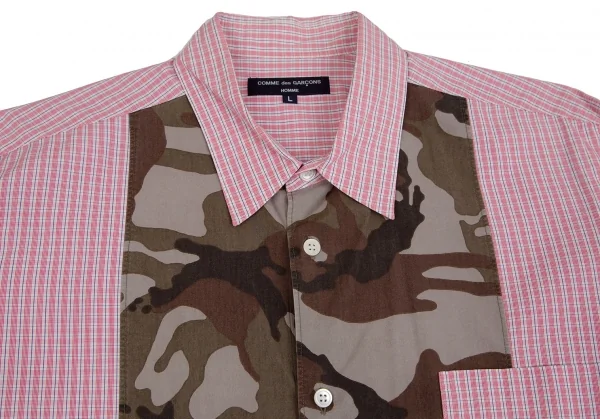 コムデギャルソン オムCOMME des GARCONS HOMME コットンチェック異素材迷彩切替シャツ 赤 ピンク緑白他L K-104285_002
