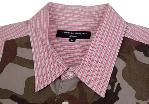 コムデギャルソン オムCOMME des GARCONS HOMME コットンチェック異素材迷彩切替シャツ 赤 ピンク緑白他L K-104285_003