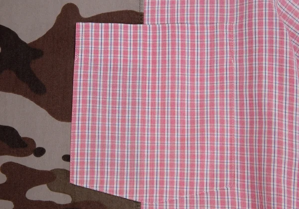 コムデギャルソン オムCOMME des GARCONS HOMME コットンチェック異素材迷彩切替シャツ 赤 ピンク緑白他L K-104285_005