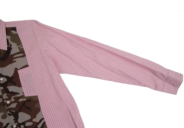 コムデギャルソン オムCOMME des GARCONS HOMME コットンチェック異素材迷彩切替シャツ 赤 ピンク緑白他L K-104285_007