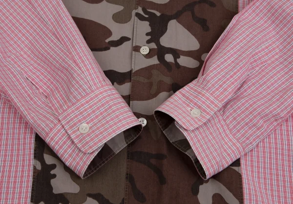コムデギャルソン オムCOMME des GARCONS HOMME コットンチェック異素材迷彩切替シャツ 赤 ピンク緑白他L K-104285_008