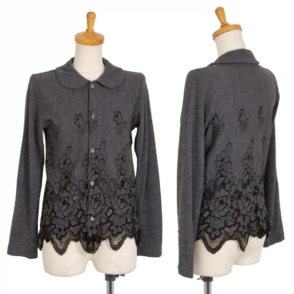 ローブドシャンブル コムデギャルソンrobe de chambre COMME des GARCONS フラワーエンブロイダリーレースラウンドカラーカーディガン 杢グレー黒S位 K-104438_001