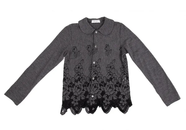 ローブドシャンブル コムデギャルソンrobe de chambre COMME des GARCONS フラワーエンブロイダリーレースラウンドカラーカーディガン 杢グレー黒S位 K-104438_002
