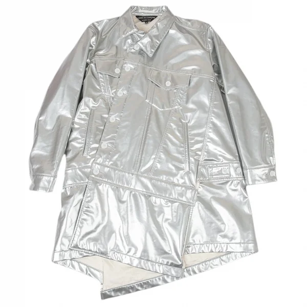 コムデギャルソン オムプリュスCOMME des GARCONS HOMME PLUS メタリックフェイクレザー斜行切替トラッカージャケット シルバーXS K-104496_001