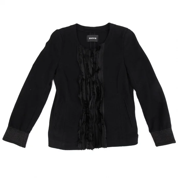 ズッカzucca ウールフロントフリルスナップボタンノーカラージャケット 黒M K-104578_002