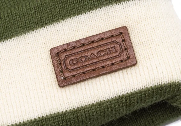 コーチCOACH ウールロゴワンポイントラインニットキャップ 緑白 K-104602_005